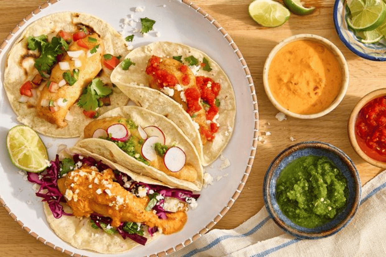 Fish tacos such as seafood and hake